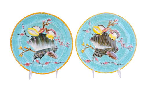 Wedgwood majolica pair of turquoise: wicker plates with shells and coral, 9"
