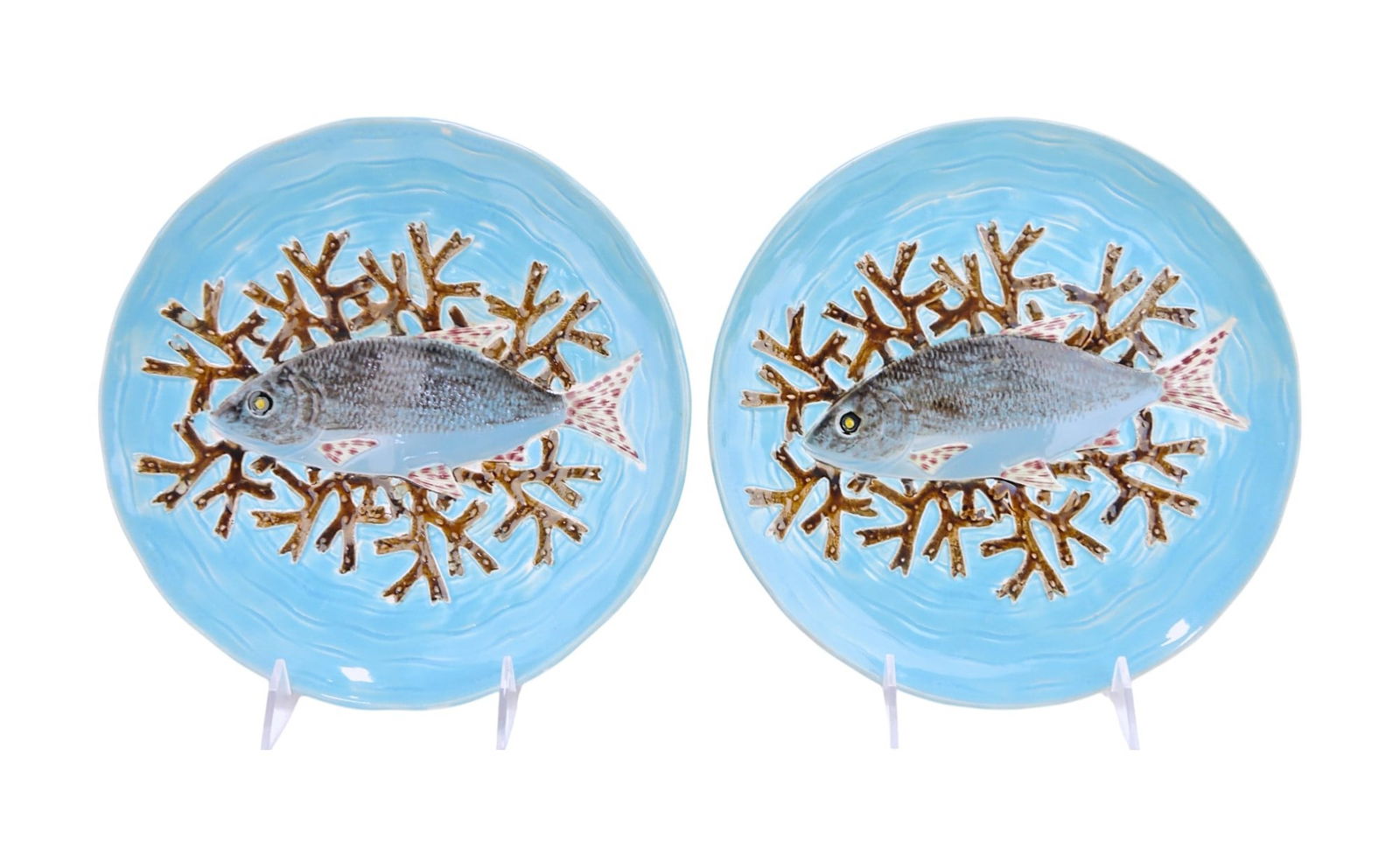 Holdcroft majolica pair of fish and: coral 9 1/4" plates