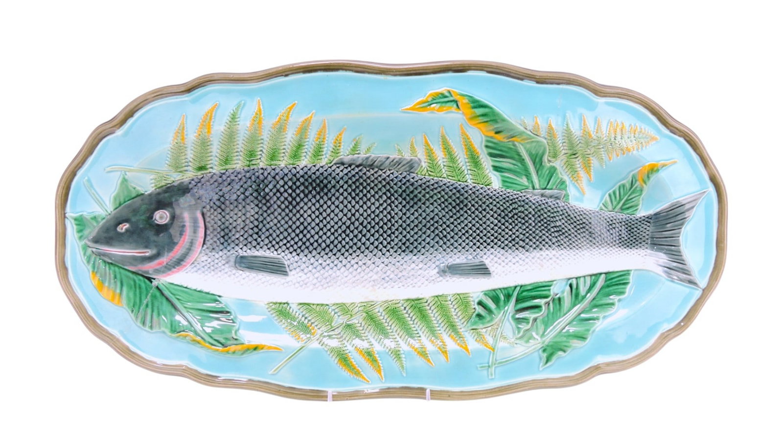 Wedgwood majolica large salmon on: ferns seafood tray, 25"x13", hairlines