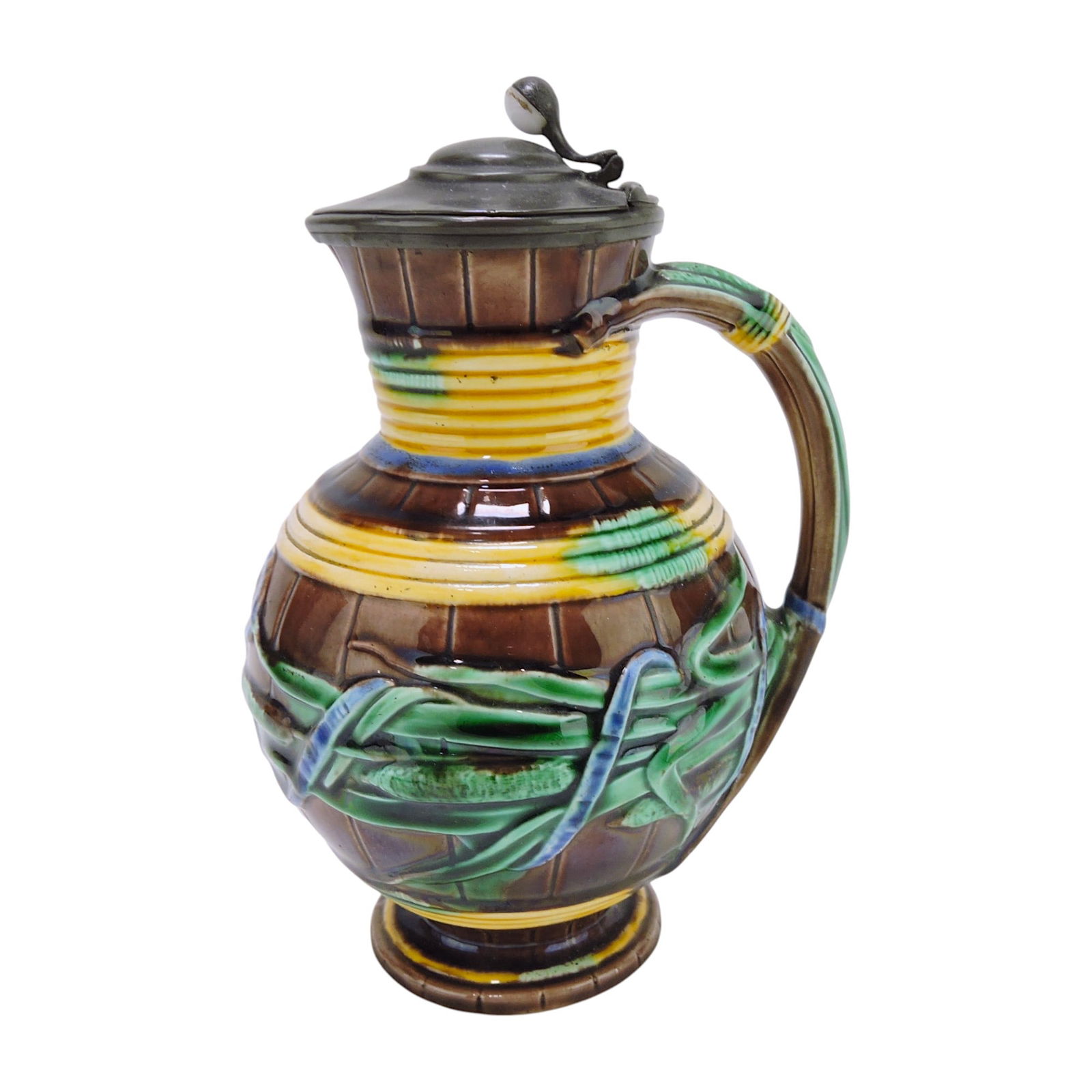 Wedgwood majolica cattail pewter: topped syrup jug, 7"