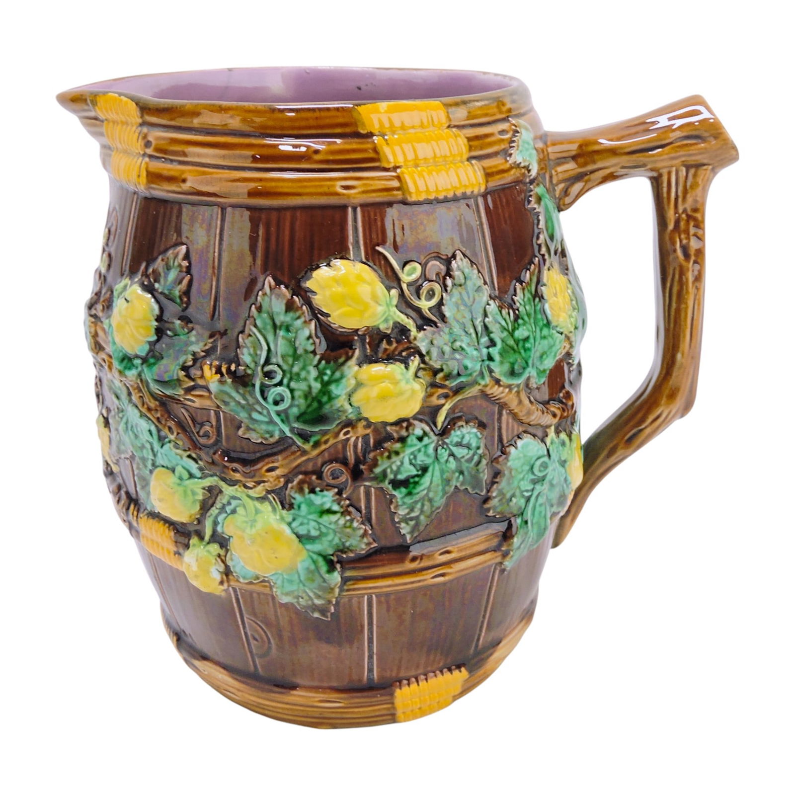 George Jones majolica barrel and: hops jug, 7 1/2"