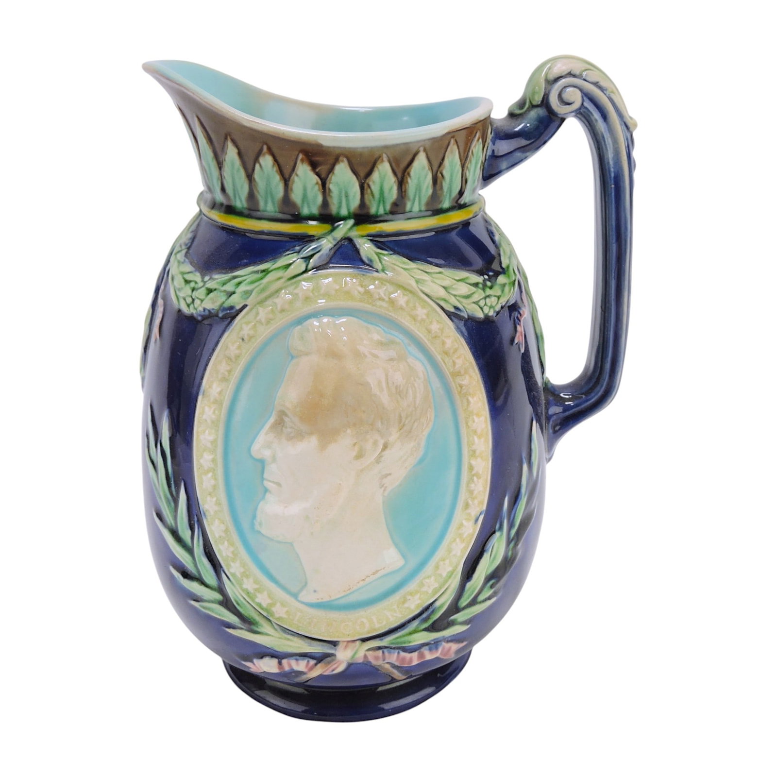 Wedgwood majolica cobalt Centennial: 8" jug with Washington and Lincoln, professional spout repair