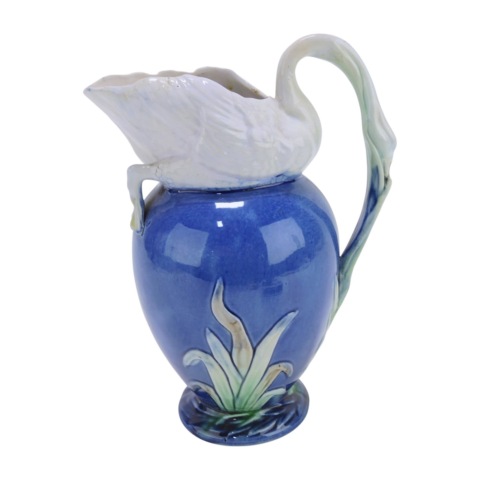 Majolica cobalt swan pitcher, 9": .