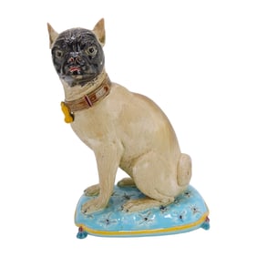 Holdcroft majolica dog on cushion