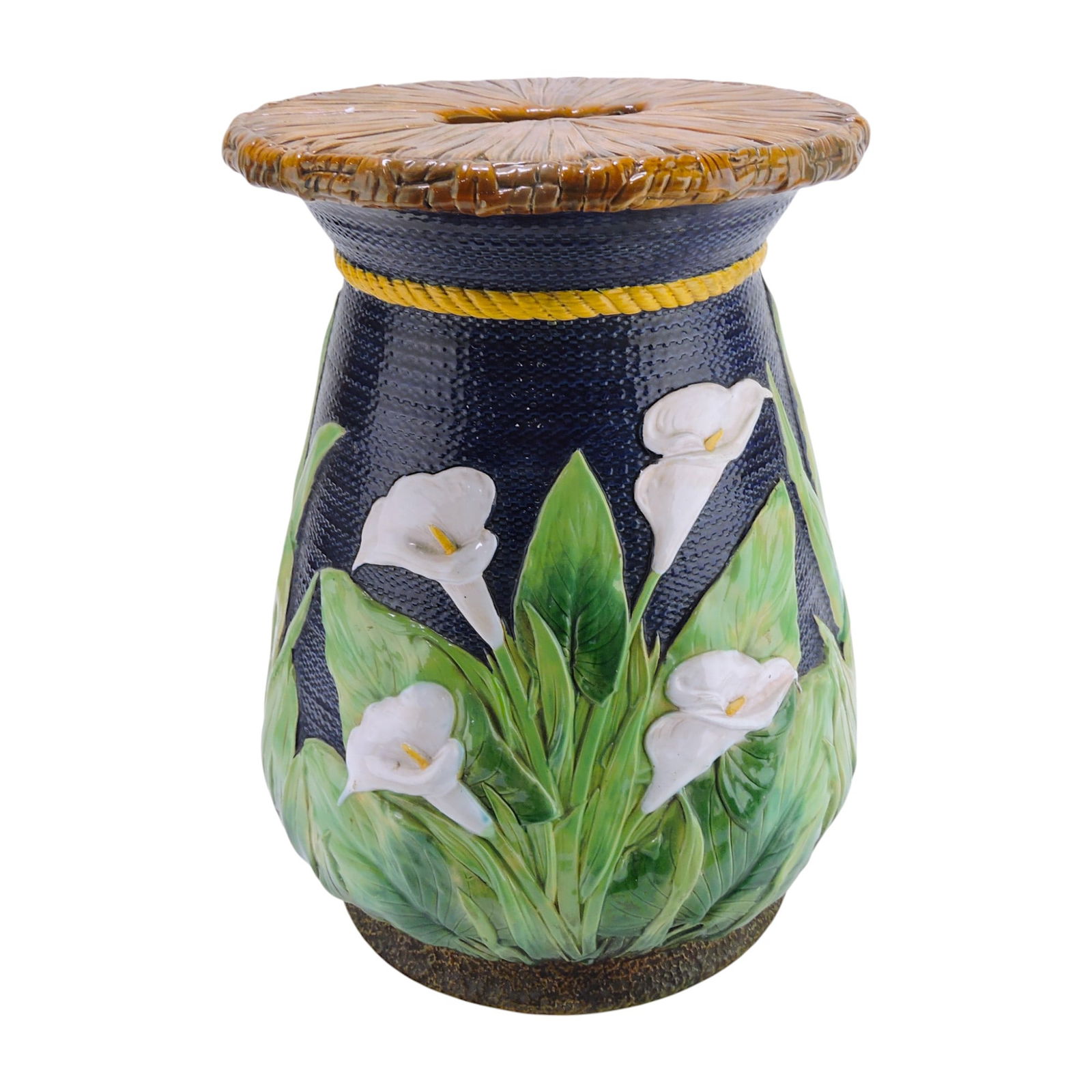 George Jones cobalt majolica: calla lily garden seat with thatched seat, 18"h, 14"w