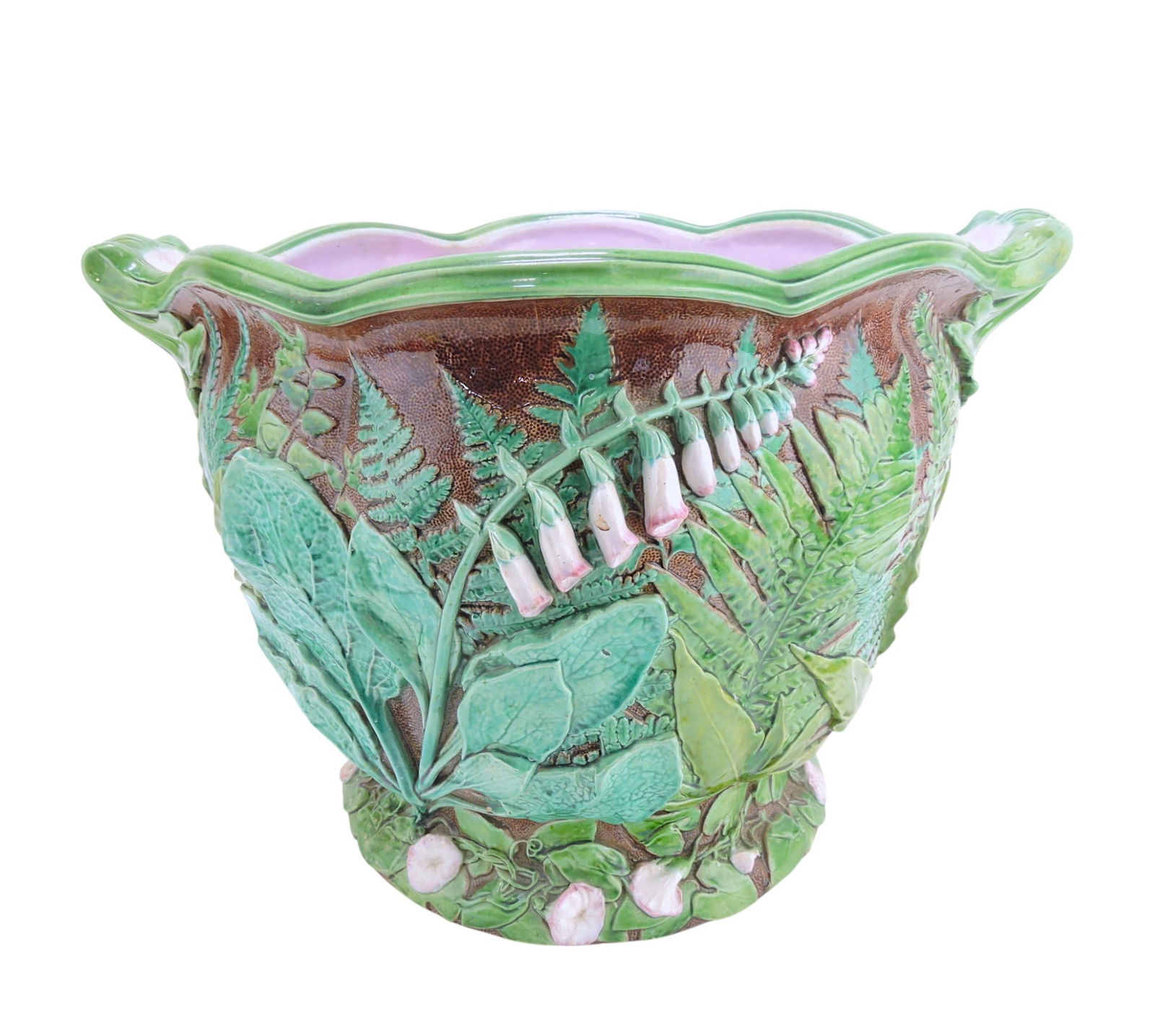 Minton majolica foxglove and fern: large jardiniere with brown ground, shape no. 1056, 14 1/2"h, 21 1/2"w; Ref. Majolica Mania by Weber Vol. 1 front cover