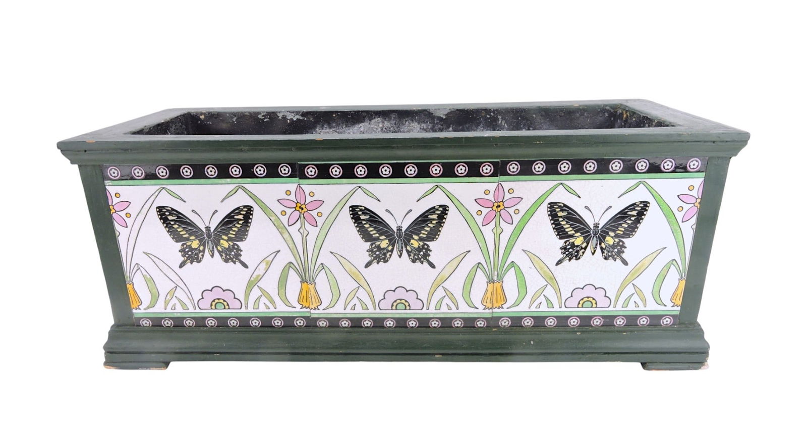 Minton rare window jardiniere: designed by Christopher Dresser with wood frame surrounded by 8" tiles with butterflies and flowers, 10"h x 27"l