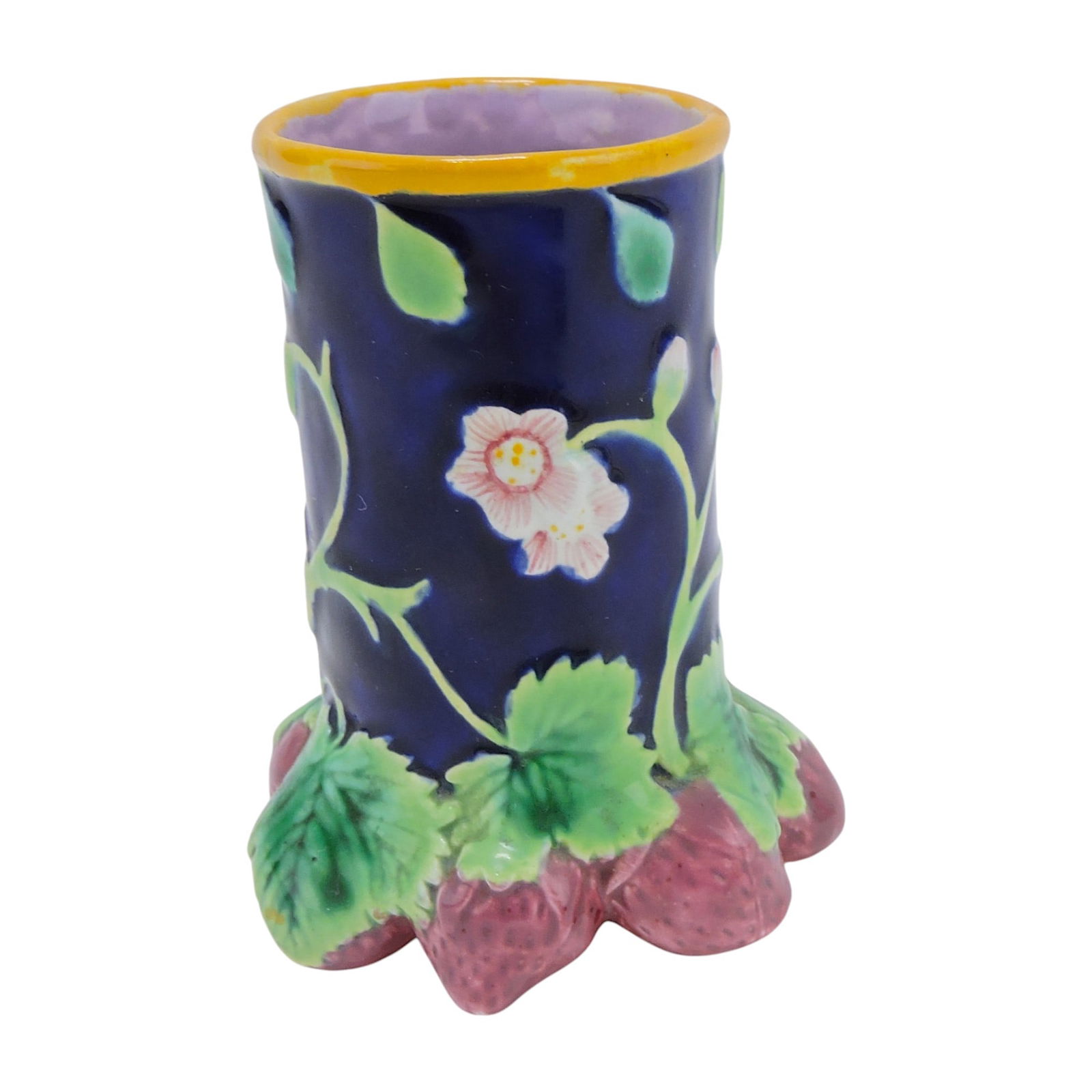 George Jones majolica cobalt: strawberry posey vase, 4"