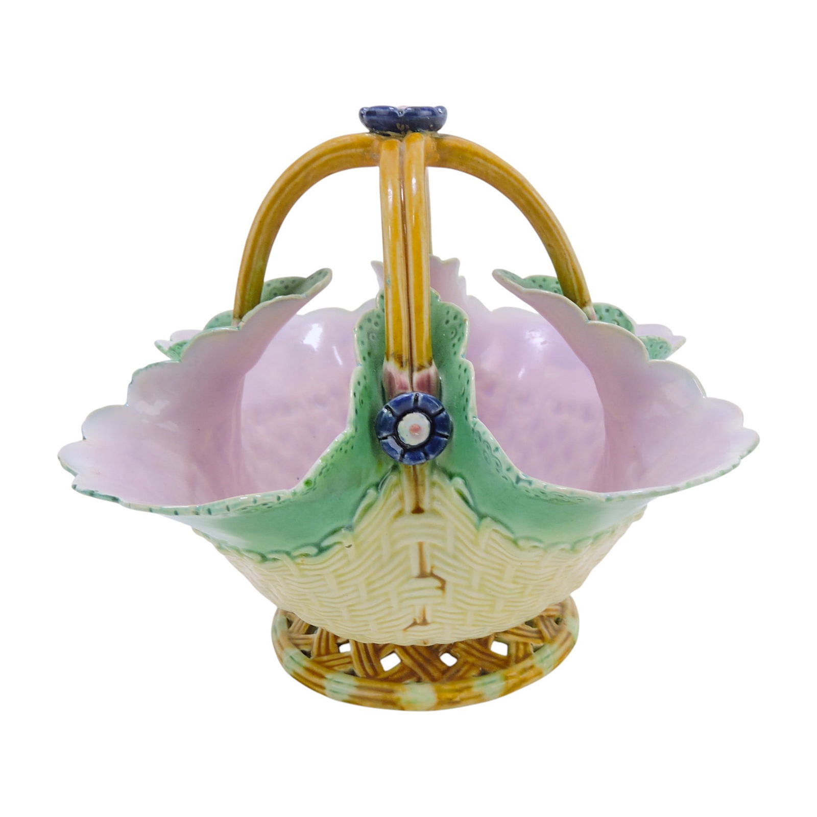 T.C. Brown Westhead Moore & Co.: majolica quadfoil basket, 6"h, 7 3/4"w