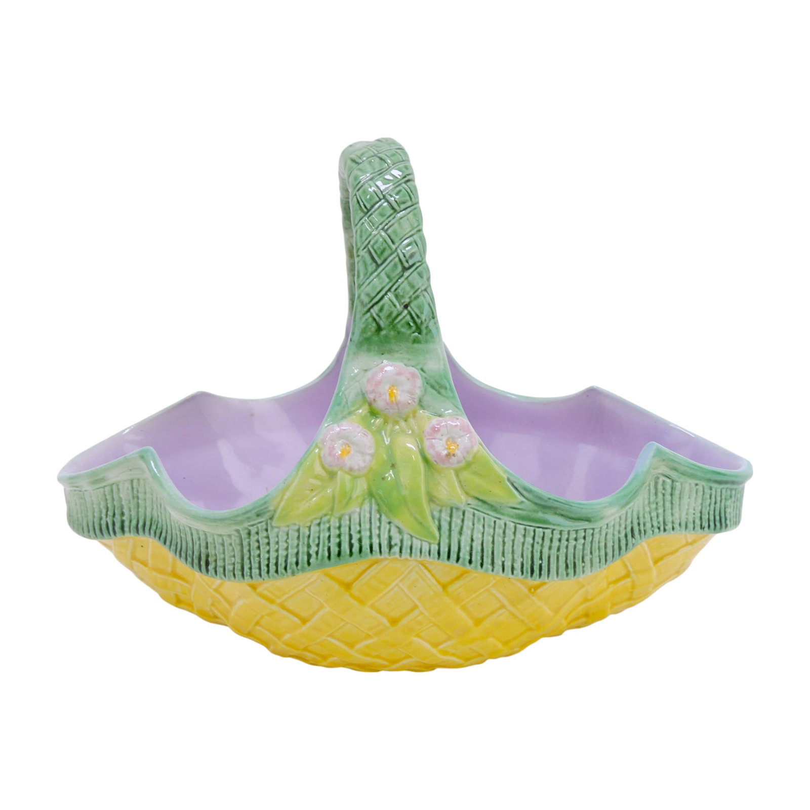 T.C. Brown Westhead Moore & Co.: majolica basket with floral decorated handle, 7"h, 10"w