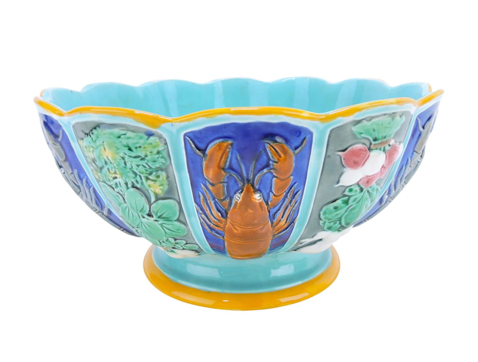 Wedgwood majolica lobster and: vegetable footed bowl, 10 3/4"d, 5 1/2"h