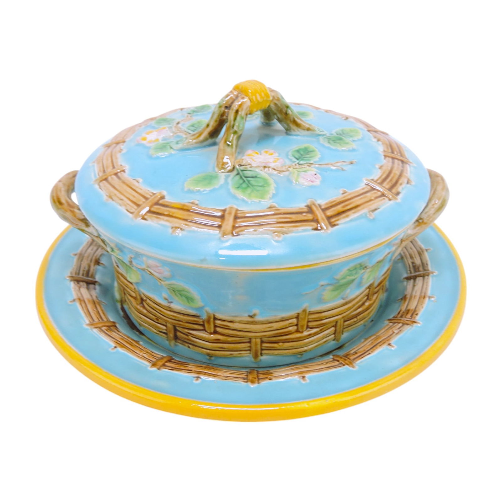 George Jones majolica apple blossom: butter tub with stand, 6 3/4"d, 4"h