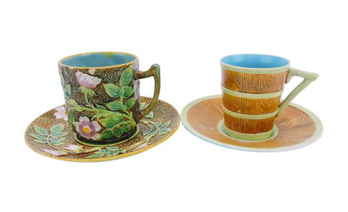 George Jones majolica wild rose: cup & saucer (rim nick to cup) AND Royal Worcester picket fence cup & saucer