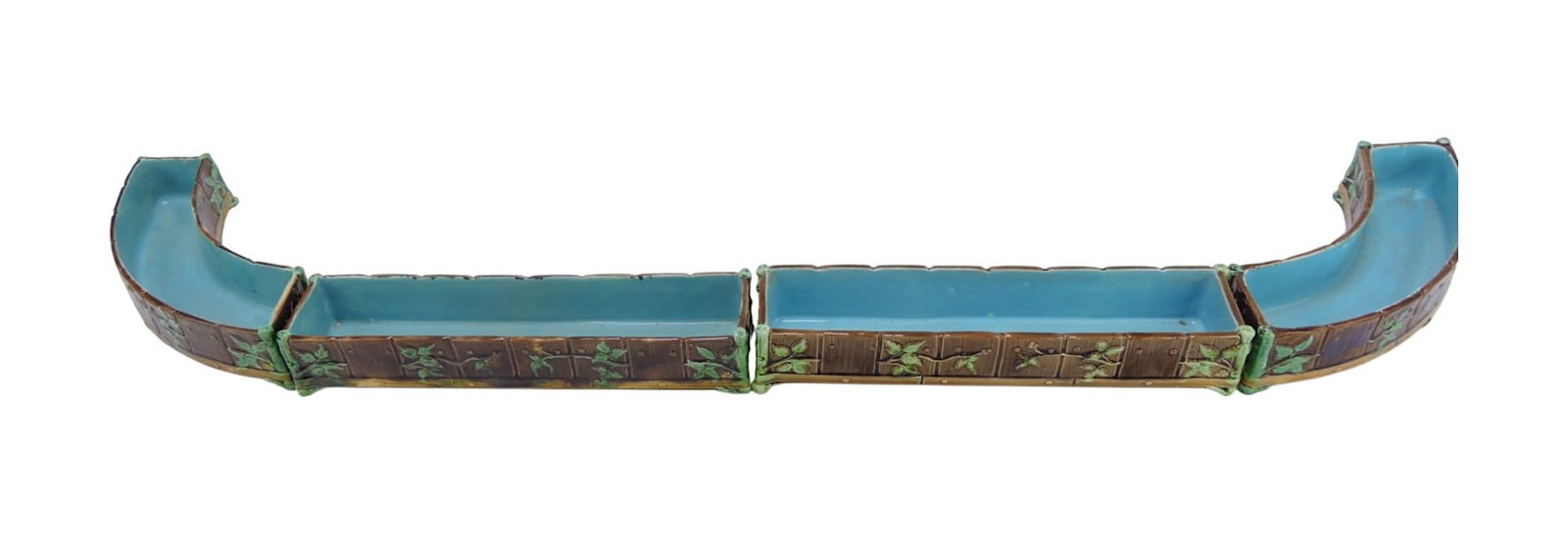 Minton majolica set of 4 flower troughs: with picket fence and ivy motif, 2 - 11" straight, shape no. 1563, and 2 - 10" curved, shape no. 1575; professional hairline repair to two