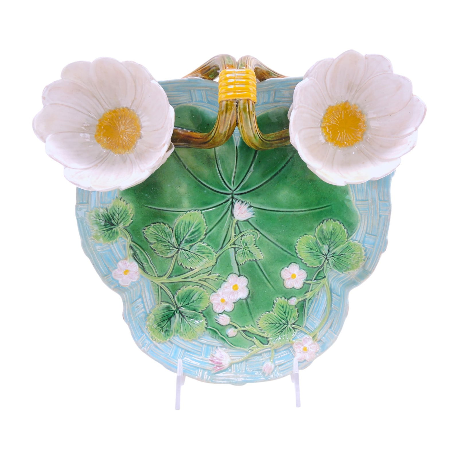 George Jones majolica strawberry: server with flower blossom cream and sugar cups, 10 1/2"l, 3"h; professional rim repair to tray