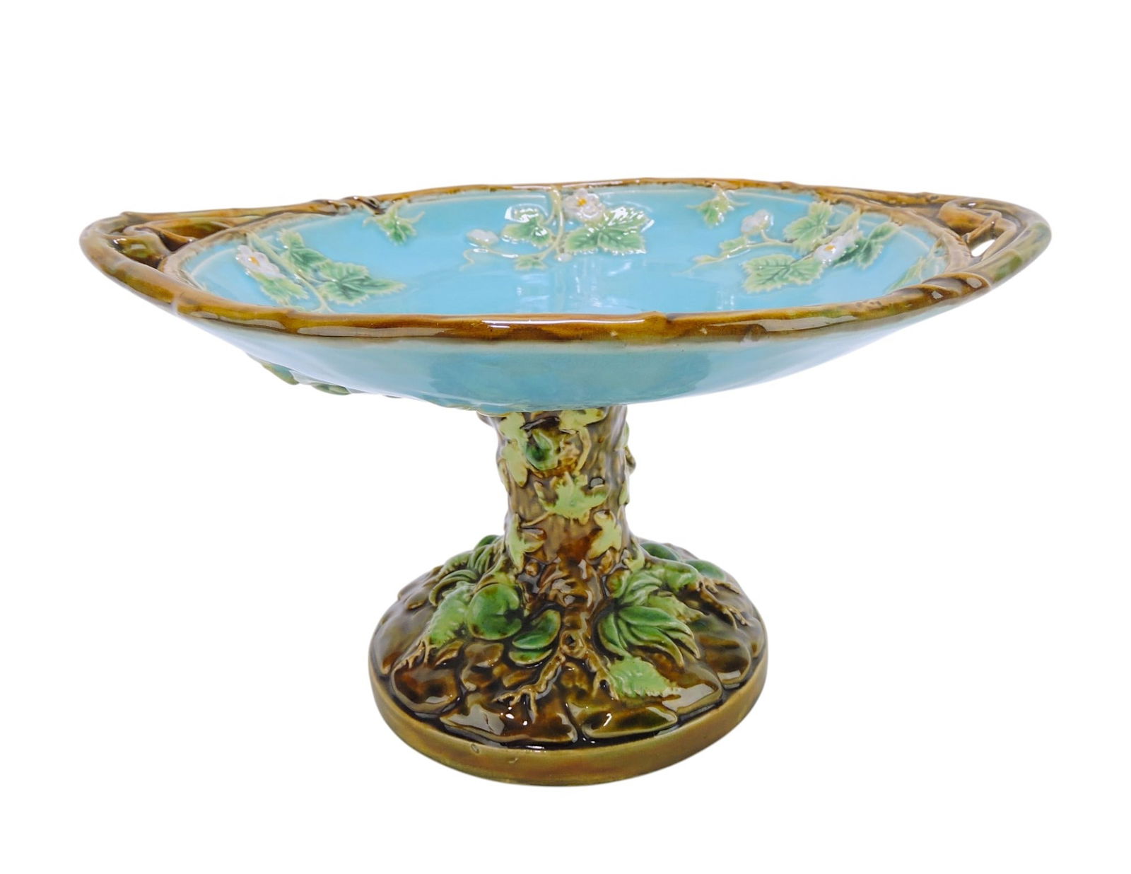 George Jones majolica comport: with strawberry blossoms on top and oak leaves and acorns on bottom, 9 3/4"w, 5 1/2"h