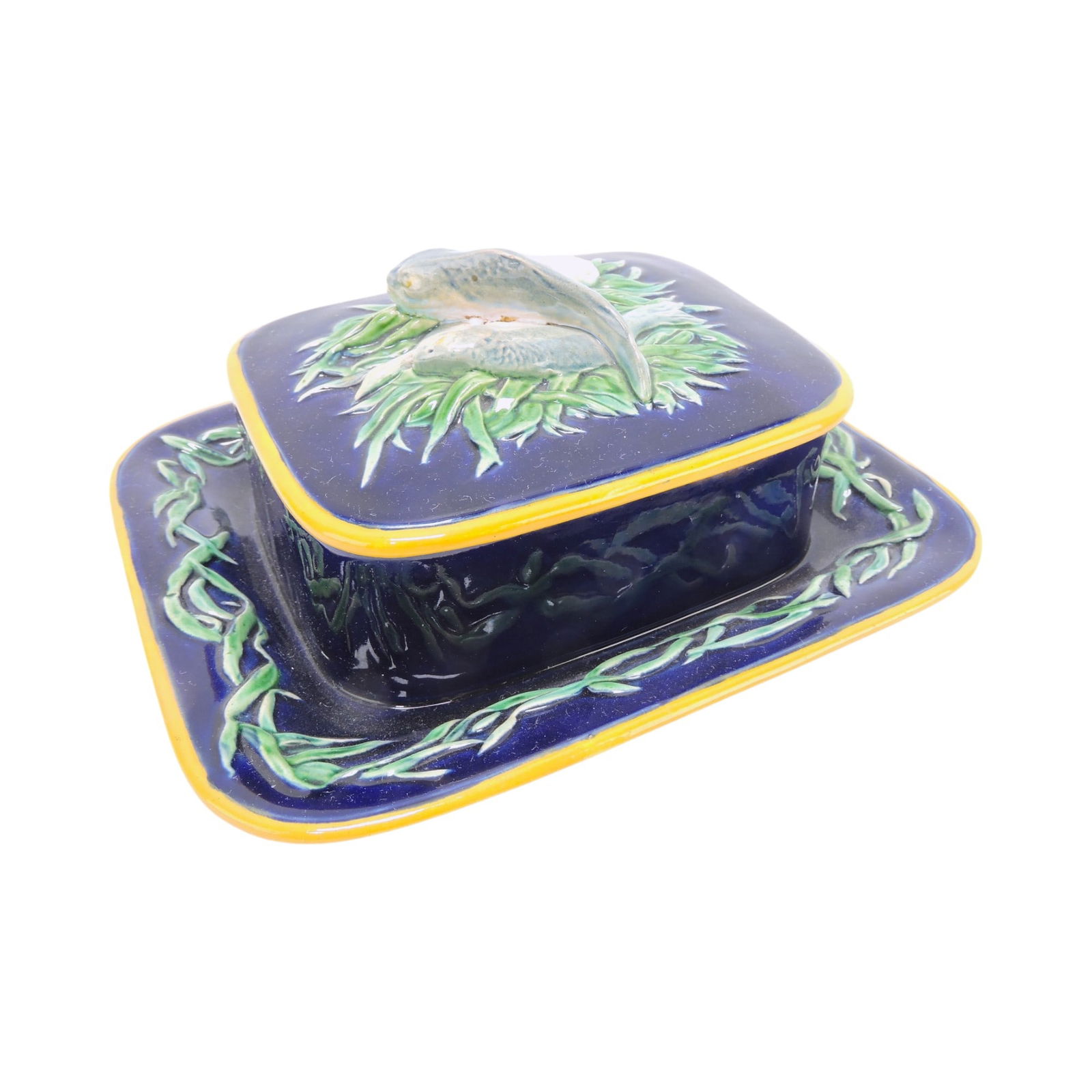 Minton majolica cobalt sardine box,: 8 1/2"w, 4"h