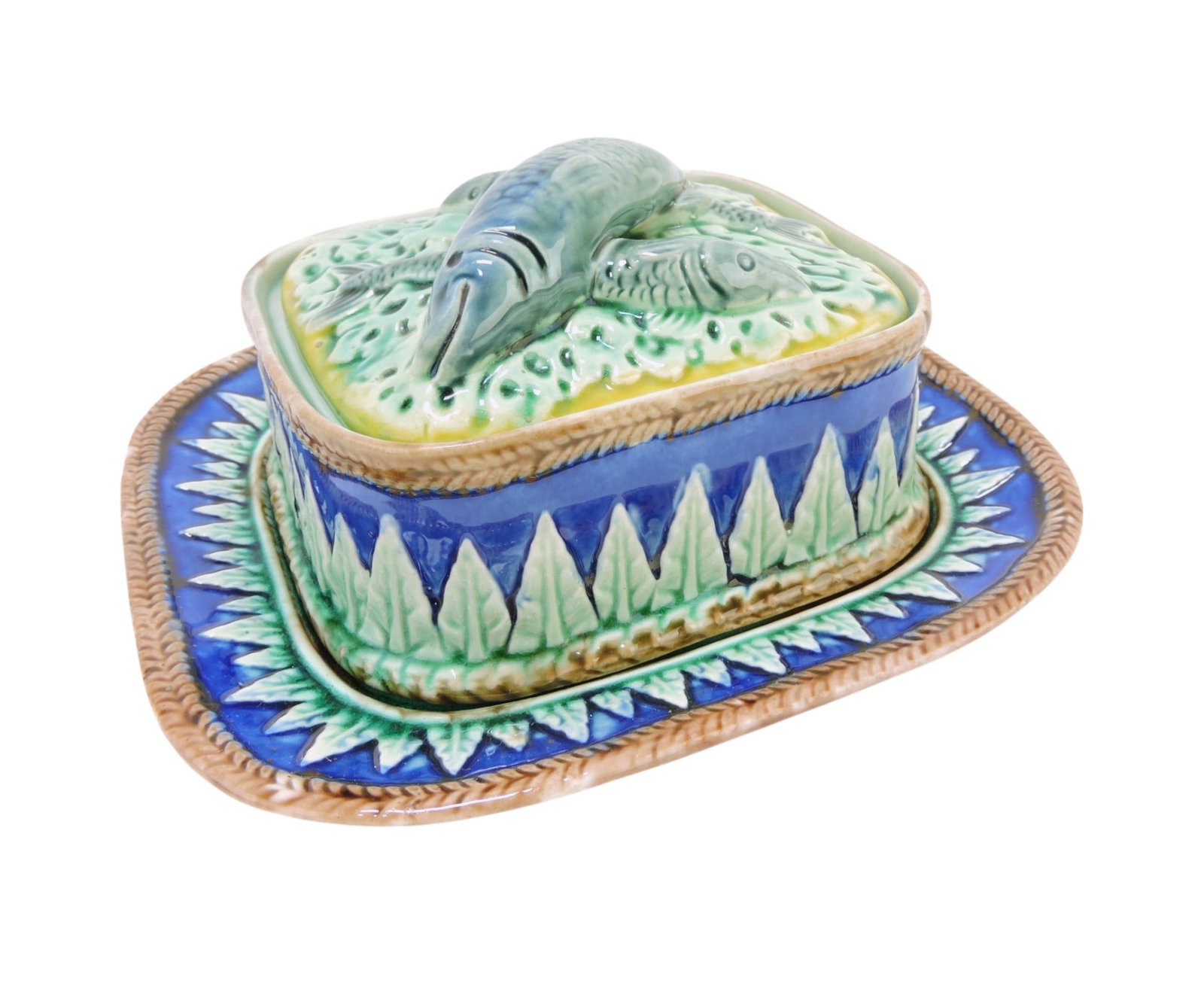 Etruscan majolica cobalt sardine box: and stand, 8 1/2"w, 4"h, minor nick to lid rim