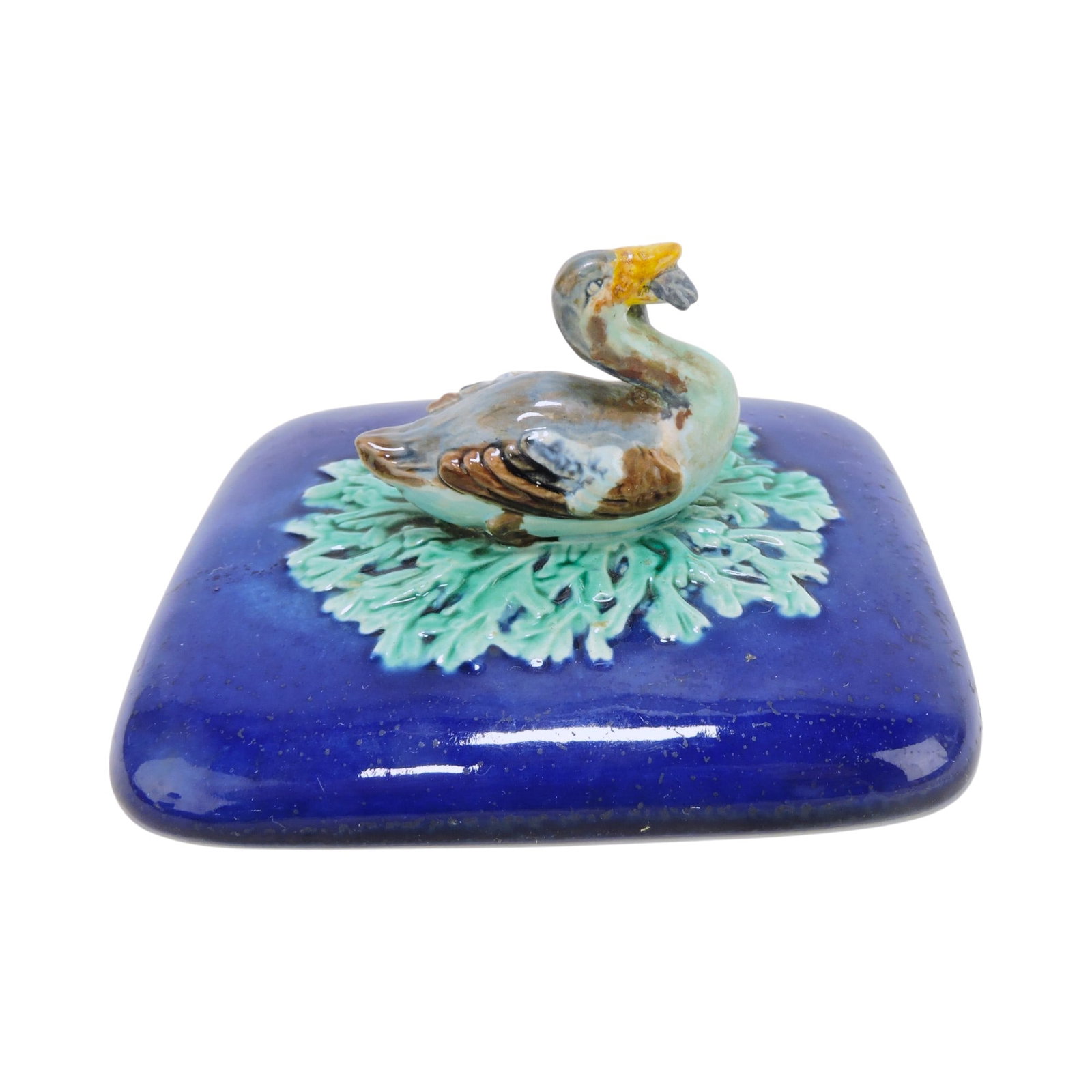 Holdcroft majolica sardine box lid with: duck finial, repair to duck's beak and fish, 5"w, 2"h