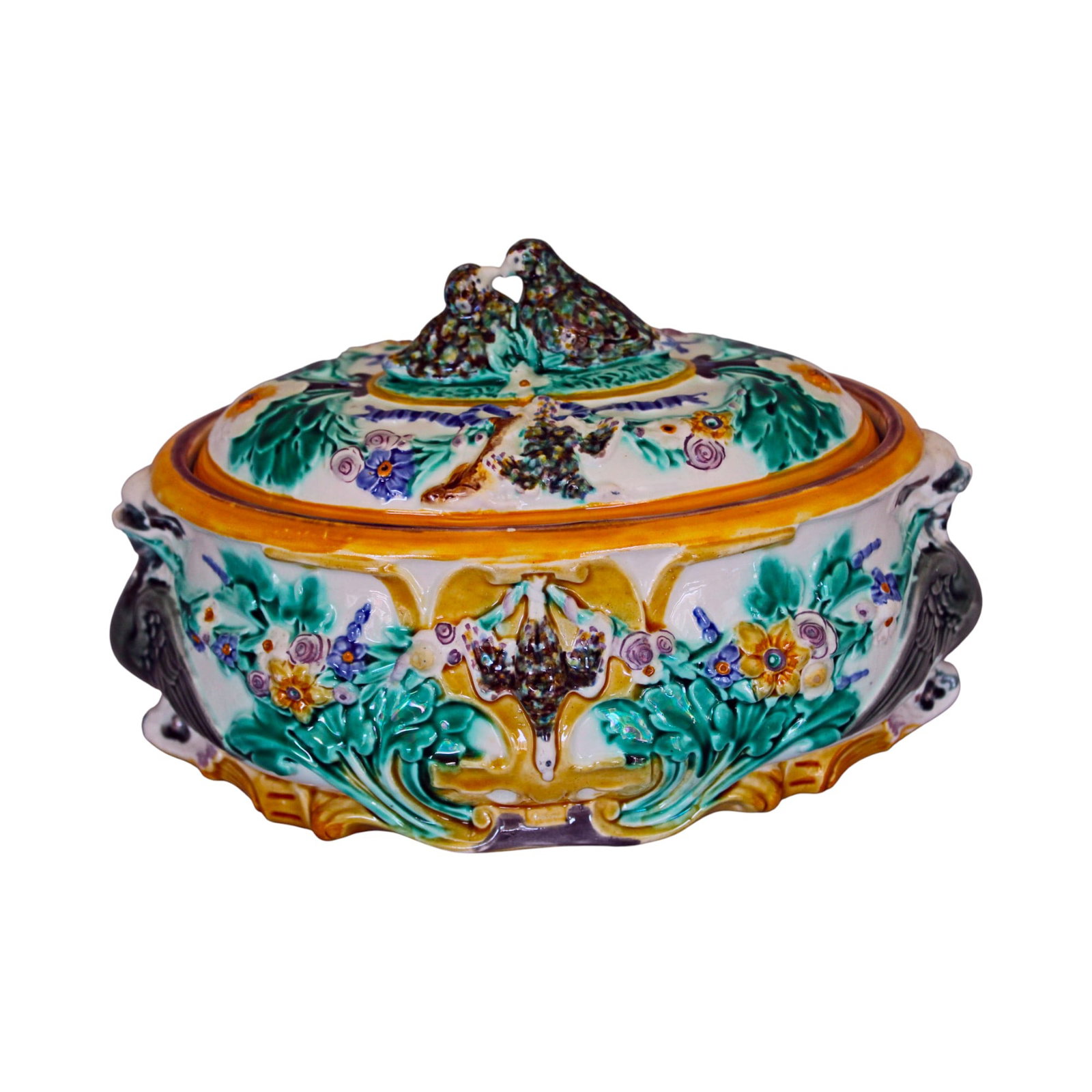 Wedgwood white ground Partridge: game tureen decorated with foliage, hanging game and ribbons, two partridge forming the finial, 9” l
