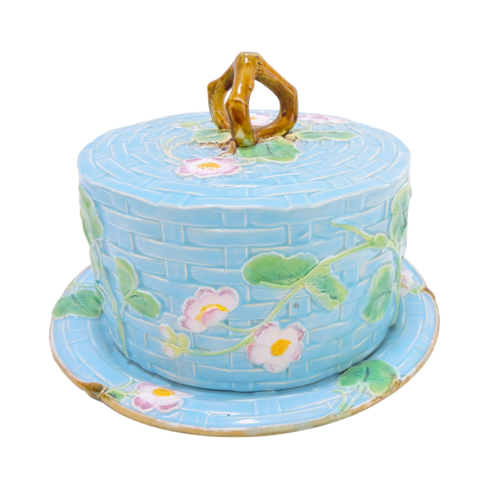 George Jones majolica turquoise: wicker and pansy cheese keeper, 8"h, 10"d, professional hairline repair to cover