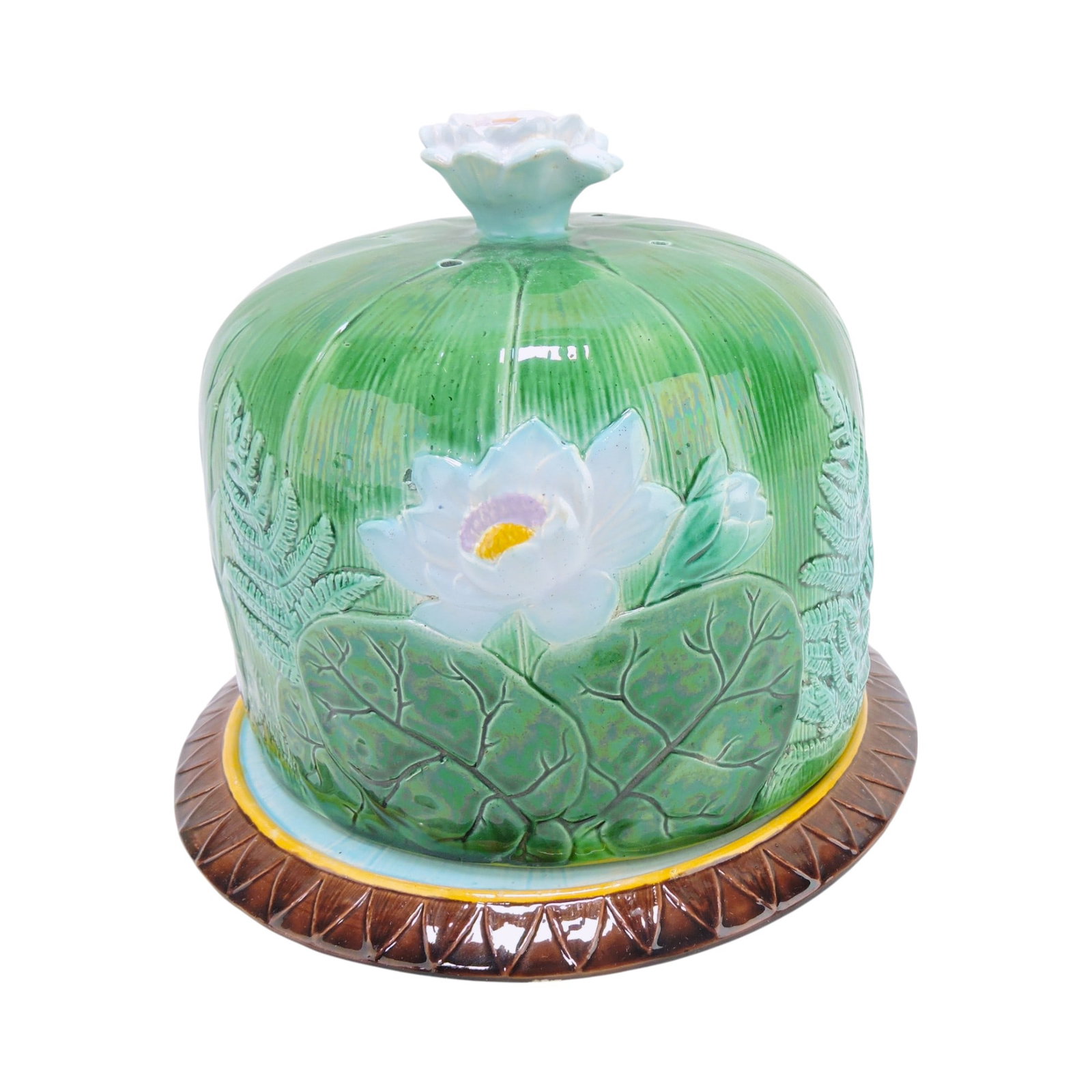 Holdcroft majolica pond lily cheese: keeper, 8 1/2"h, 9 1/2"d, professional repair to base rim