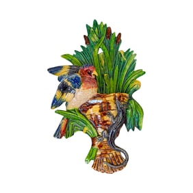 Majolica wall pocket with a bird perched