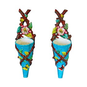 Pair of majolica flower and butterfly