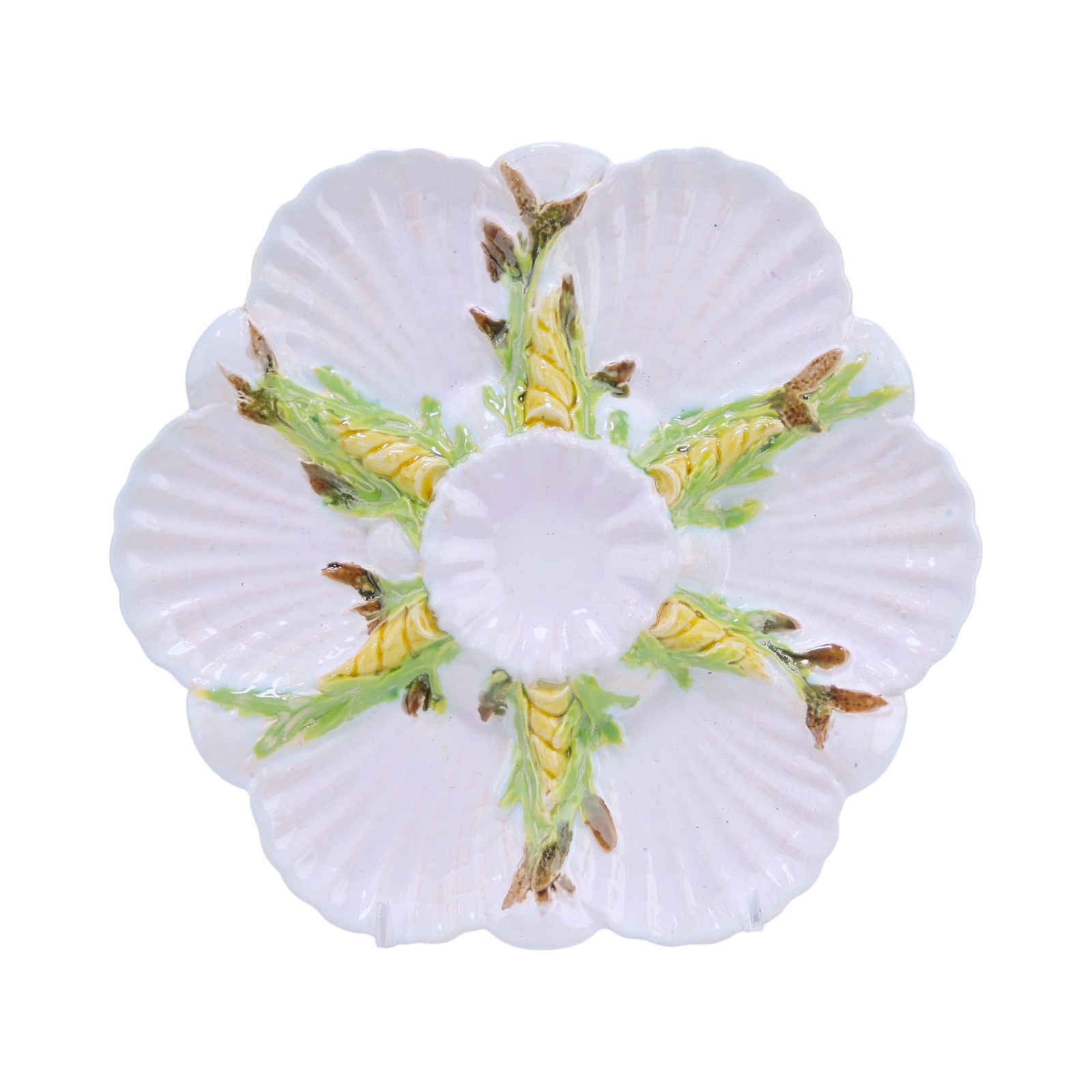 George Jones majolica 6 well: white oyster plate, 8 3/4"