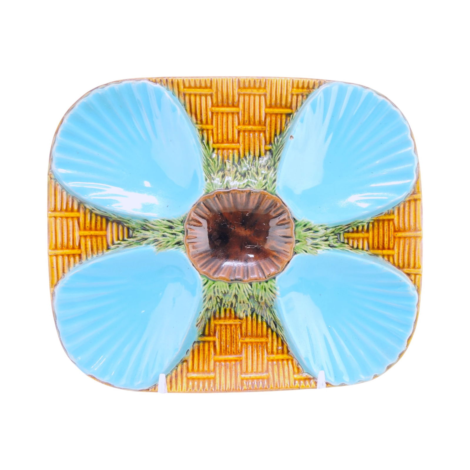 Minton majolica basketweave 4 well: oyster plate, 7 1/2"x9", minor nick to one well