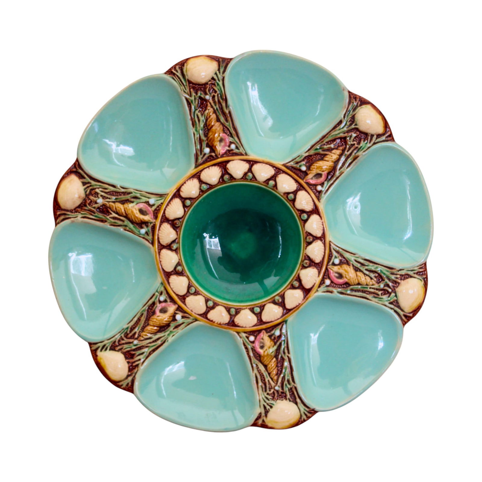 Minton majolica 6 well sea foam green: oyster plate shape no.1323, 9“, great color and condition