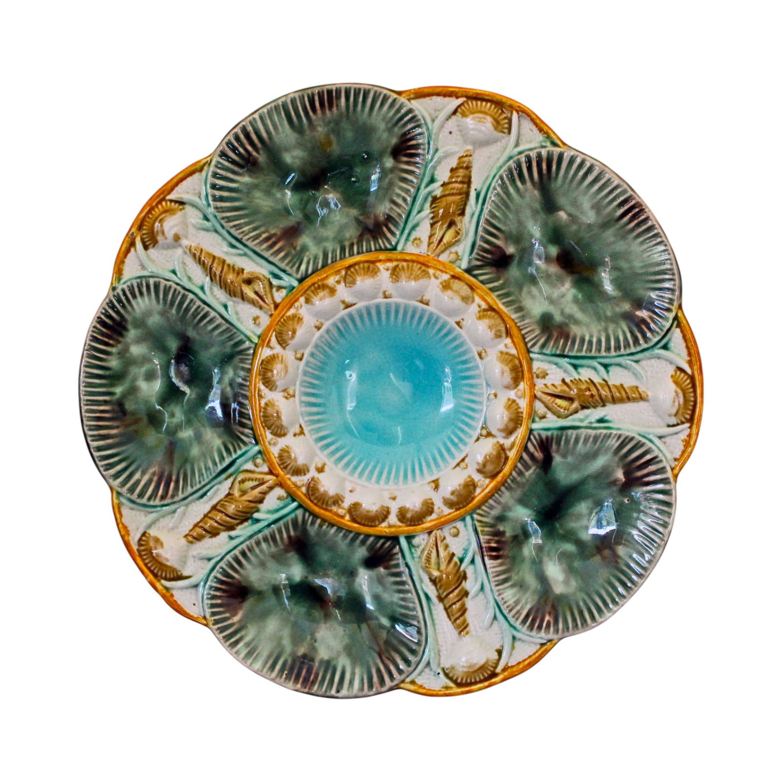 Majolica six well oyster plate, (1 of 2)
