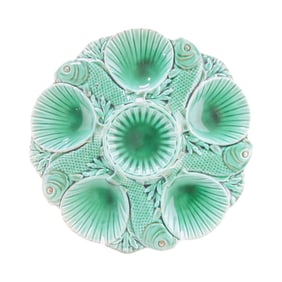 Minton dark green majolica five well