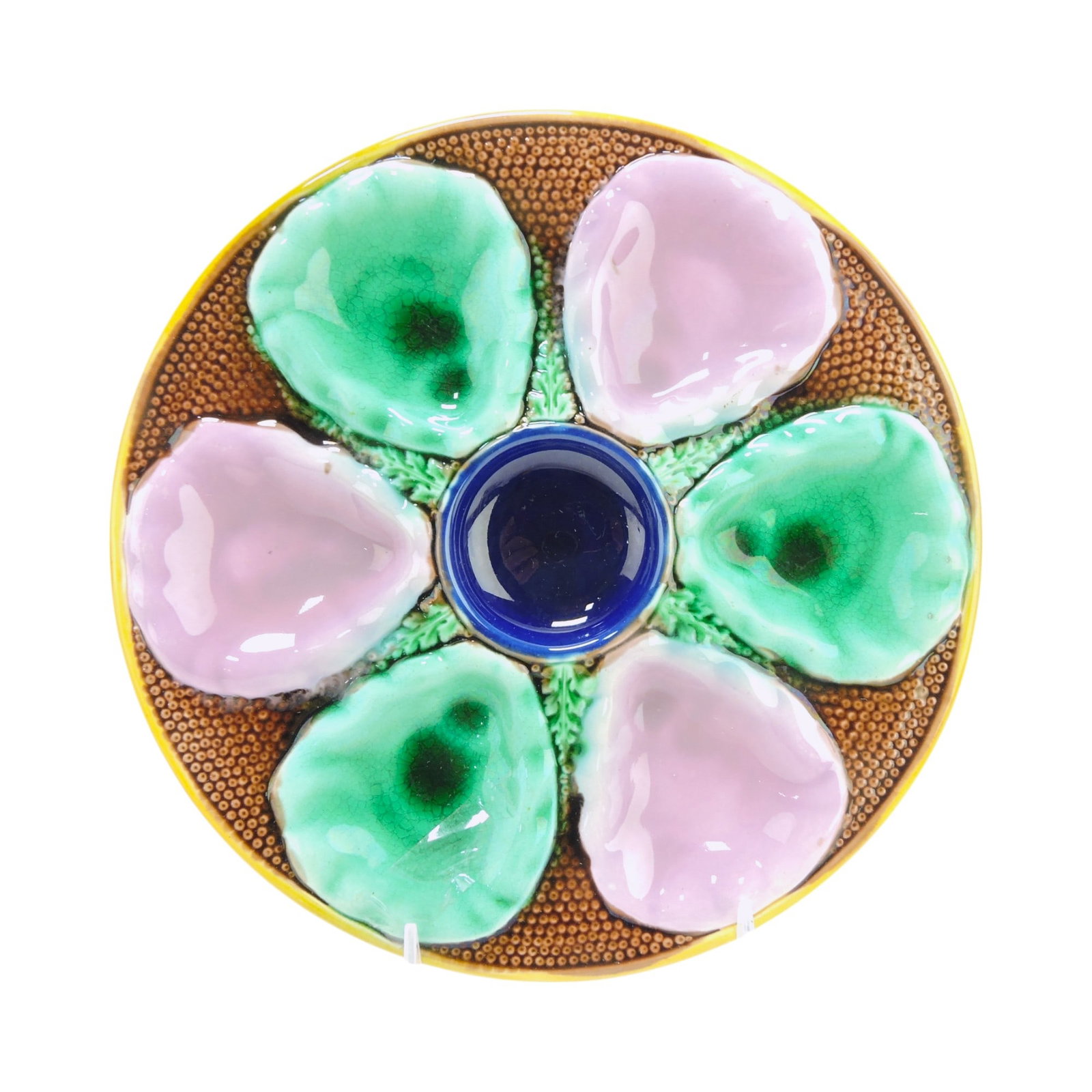 Adams & Bromley majolica 6 well: oyster plate, 9 3/4"