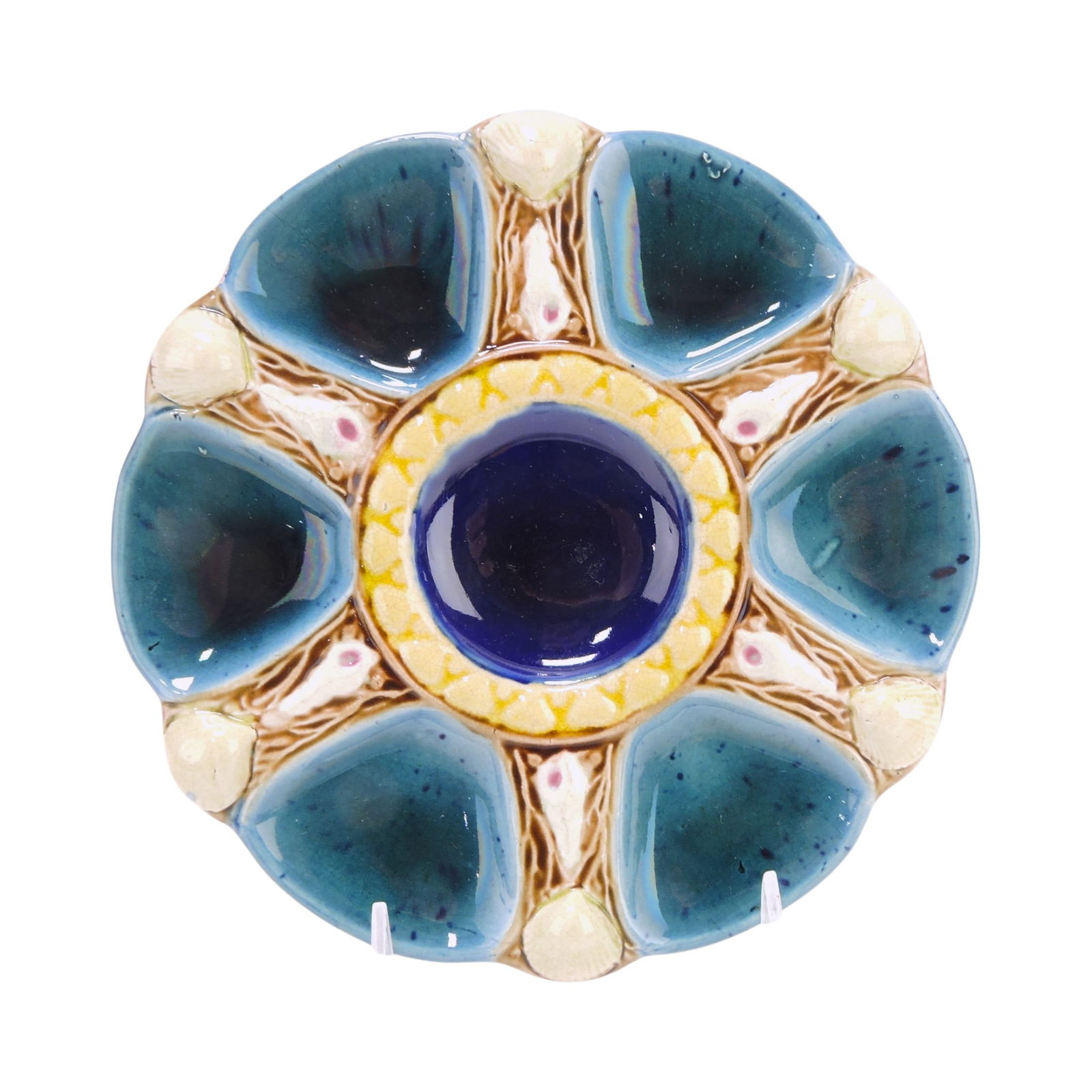 Majolica 6 well oyster plate with: cobalt center, 8 1/2"