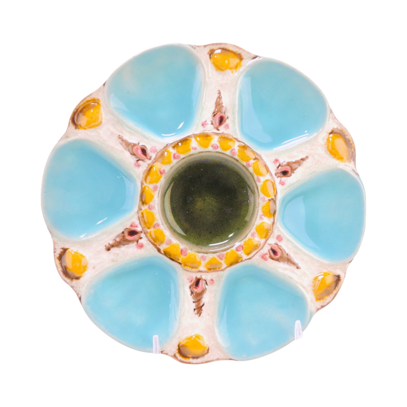 Majolica 6 well oyster plate,: turquoise wells, 8 3/4"