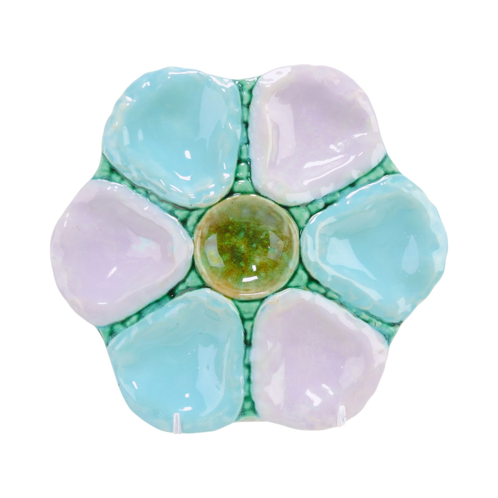 Majolica 6 well oyster plate, 9 1/4": .