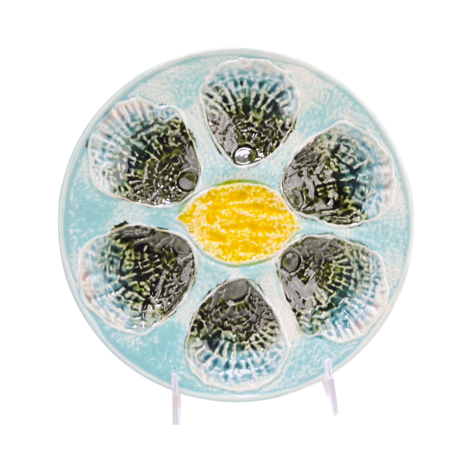 Majolica 6 well oyster plate with: lemon center, 8 3/4"