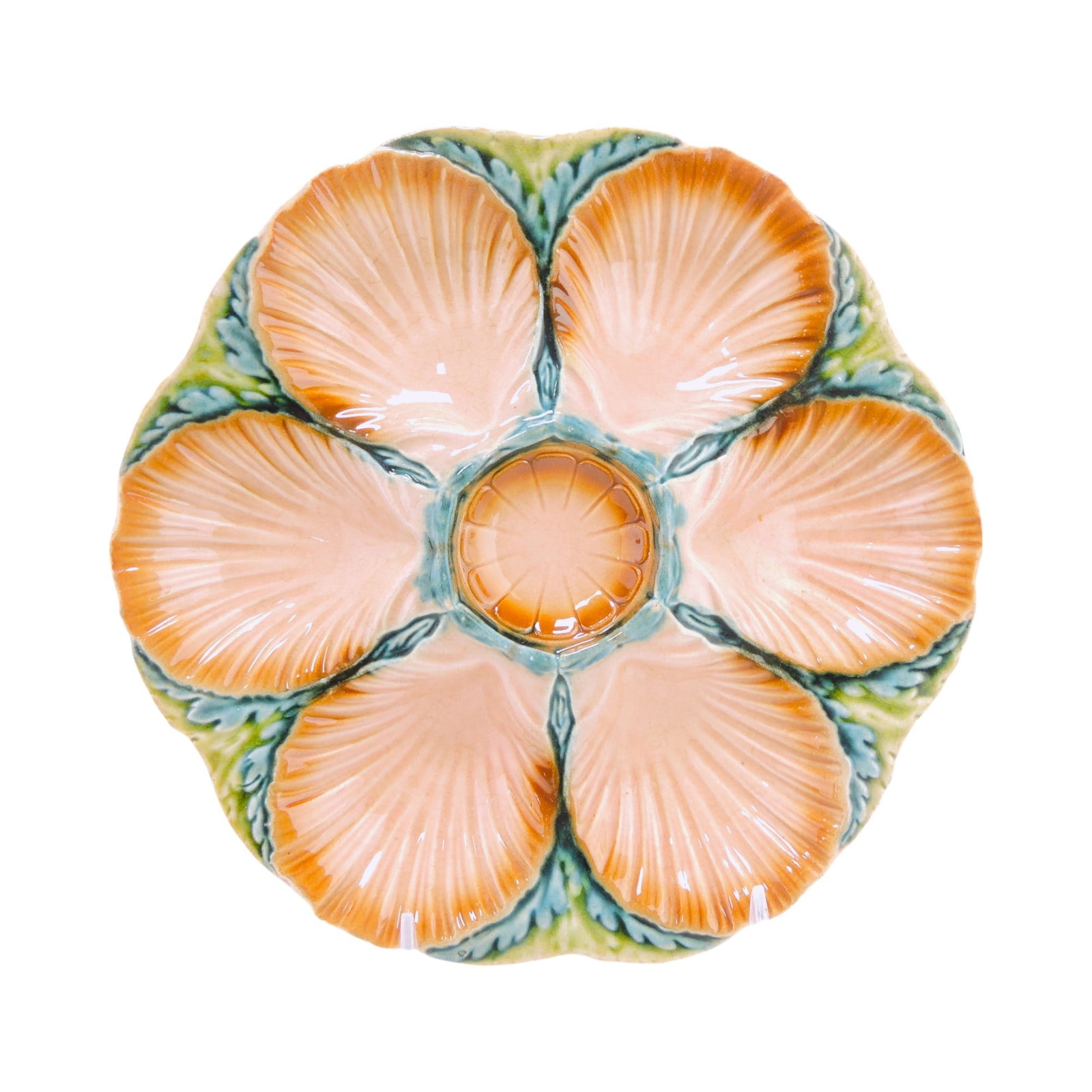 Sarreguemines majolica 6 well: oyster plate, 9 1/4"