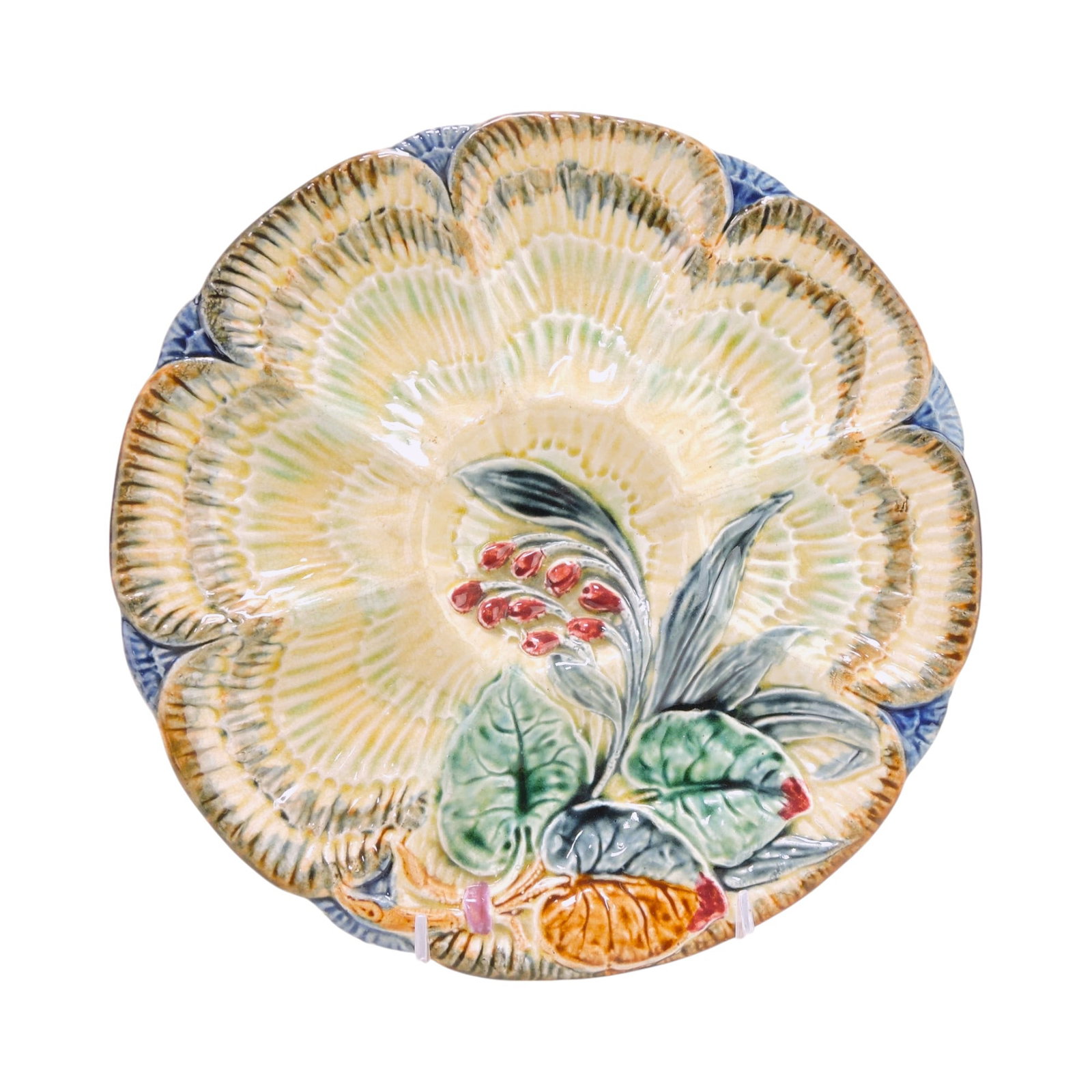 French majolica 6 well oyster plate: with cracker well, 10'