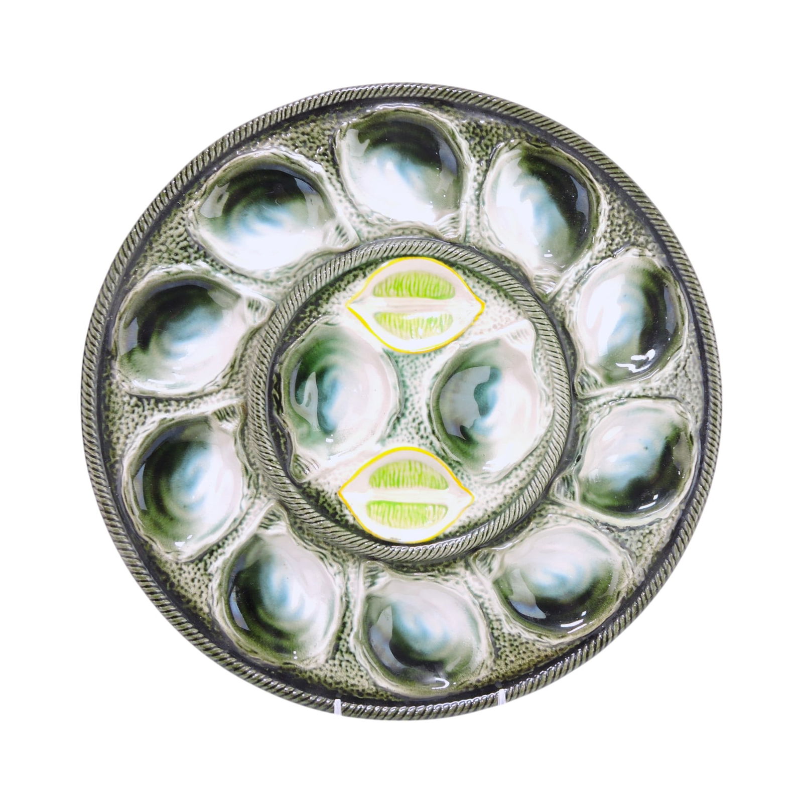 French majolica 12 well oyster: serving tray with lemon center, 14 3/4"