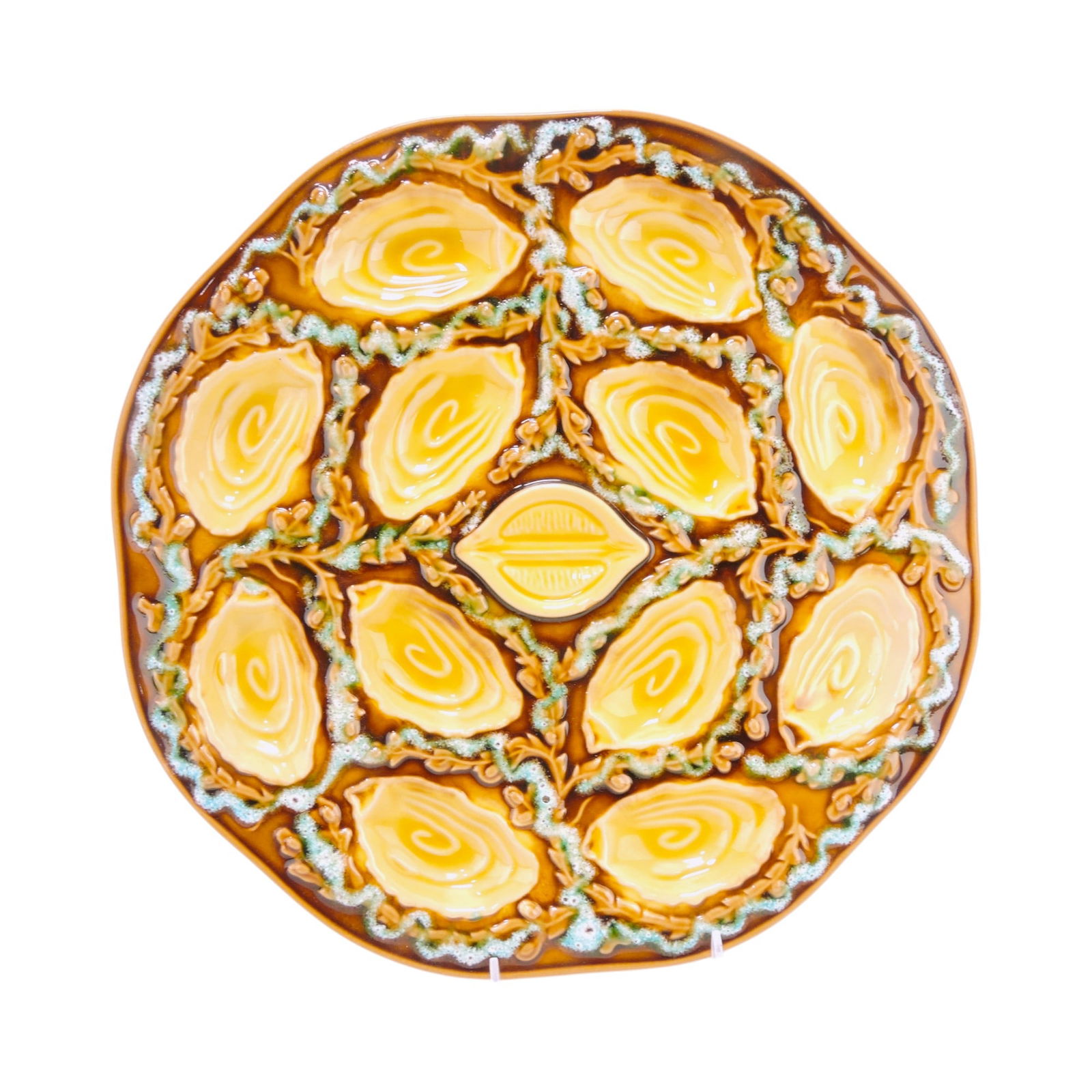 French majolica 12 well oyster: serving tray with lemon center, 14 1/2"