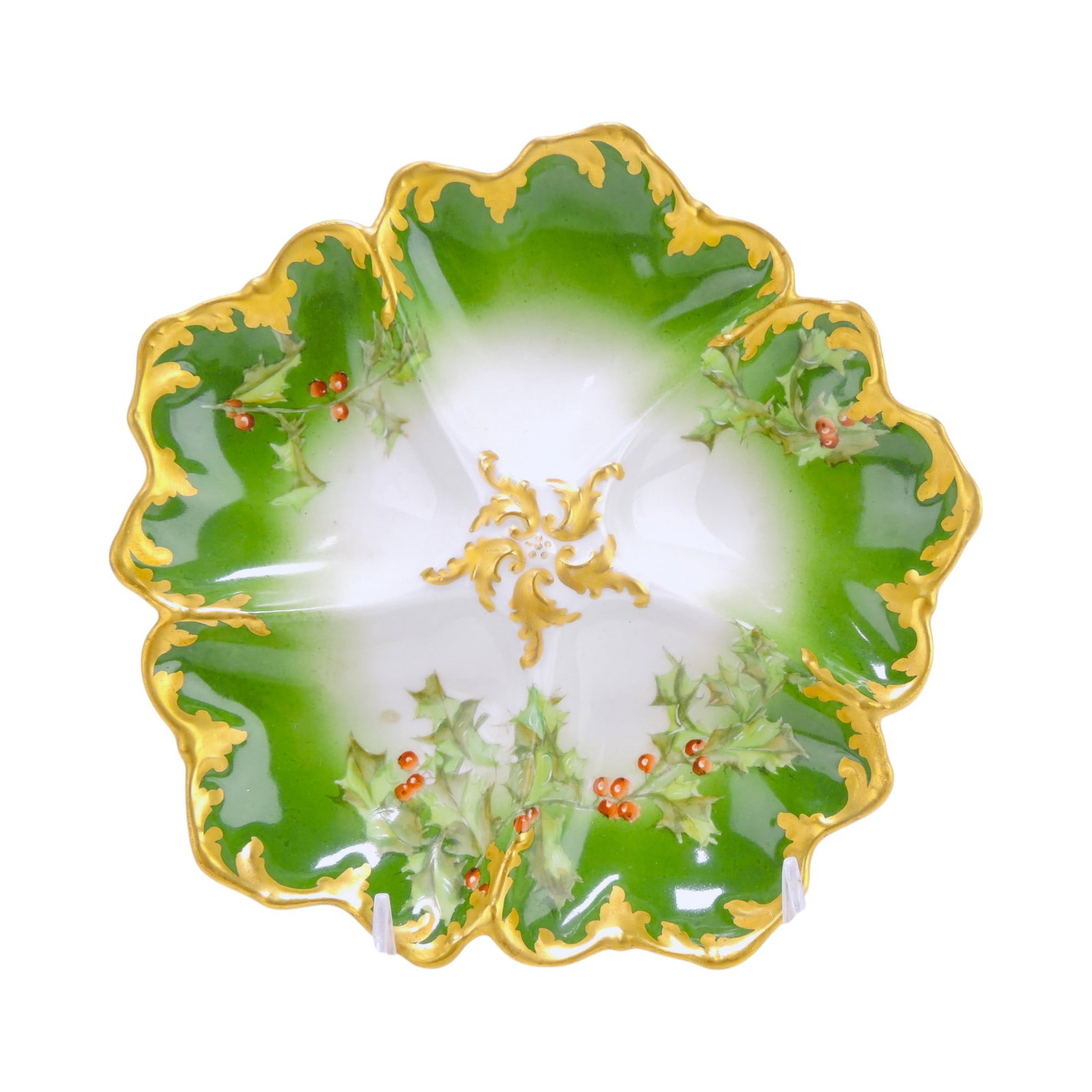 T & V France porcelain 4 well: Holly & Berry Christmas oyster plate, 8"