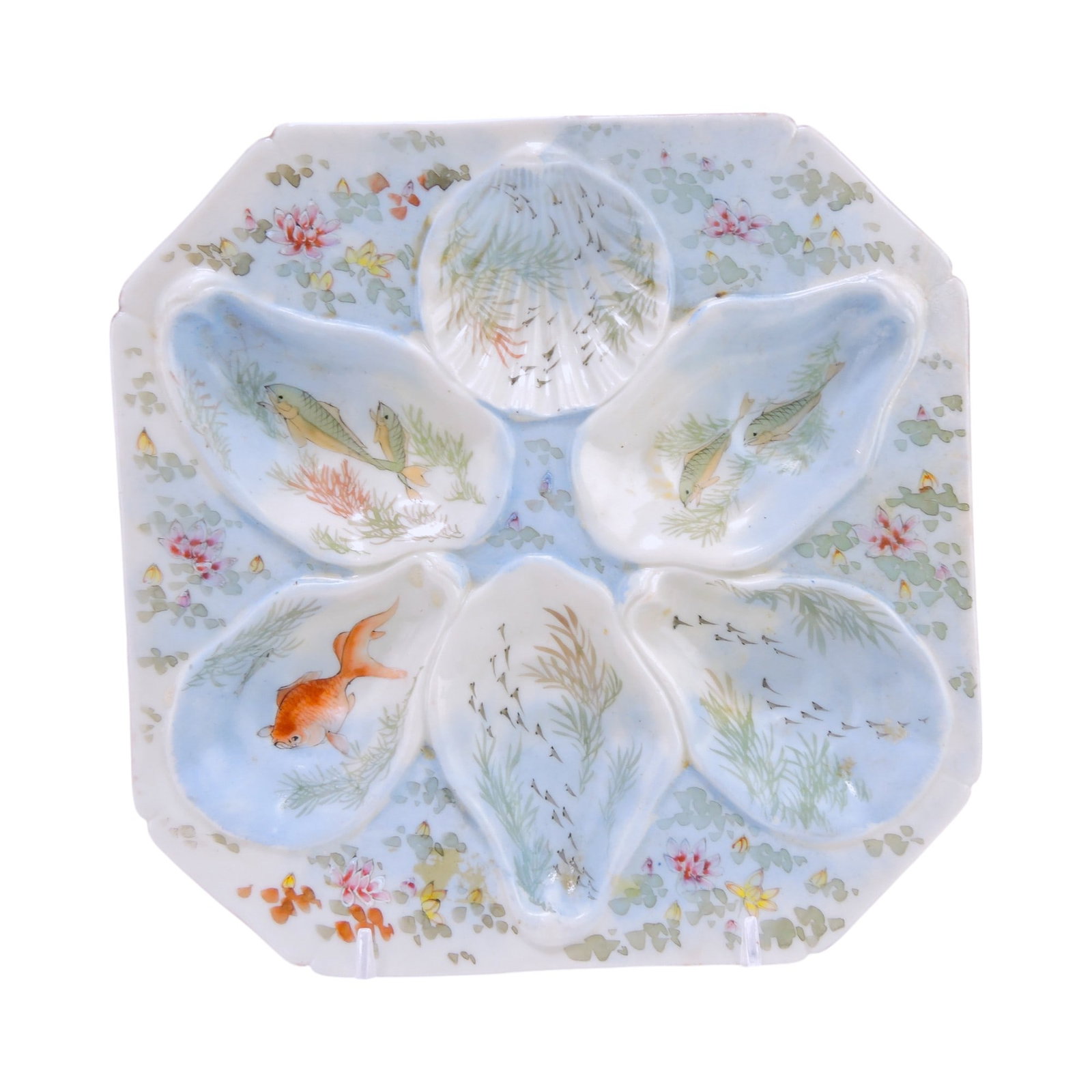 Porcelain 5 well oyster plate: with painted fish and seaweed, 8 1/4", professional rim repair