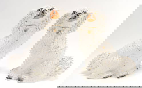 Staffordshire pair of white spaniels: with gold, 13", hairline to one
