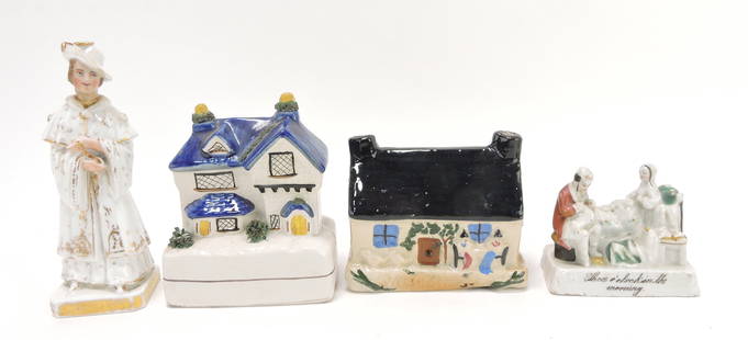 Staffordshire lot of 4 pieces:: figure, 2 horse banks, and fairing, various condition, 3" to 6"