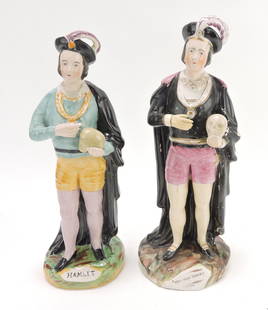 Staffordshire lot of 2 Hamlet figures,: one rare Parr figure titled “Alas! poor Yorick”, C. 1852, and another later version. Both represent John Philip Kemble in the role of Hamlet, 11”.
