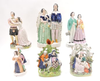 Six Staffordshire figures including a rare figure of
