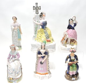 Six Staffordshire lady figures to include