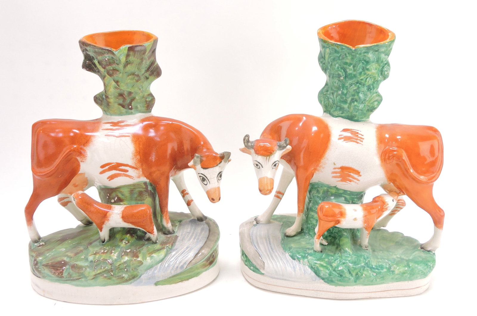 Staffordshire pair of cow with calf: spill vases, 11"